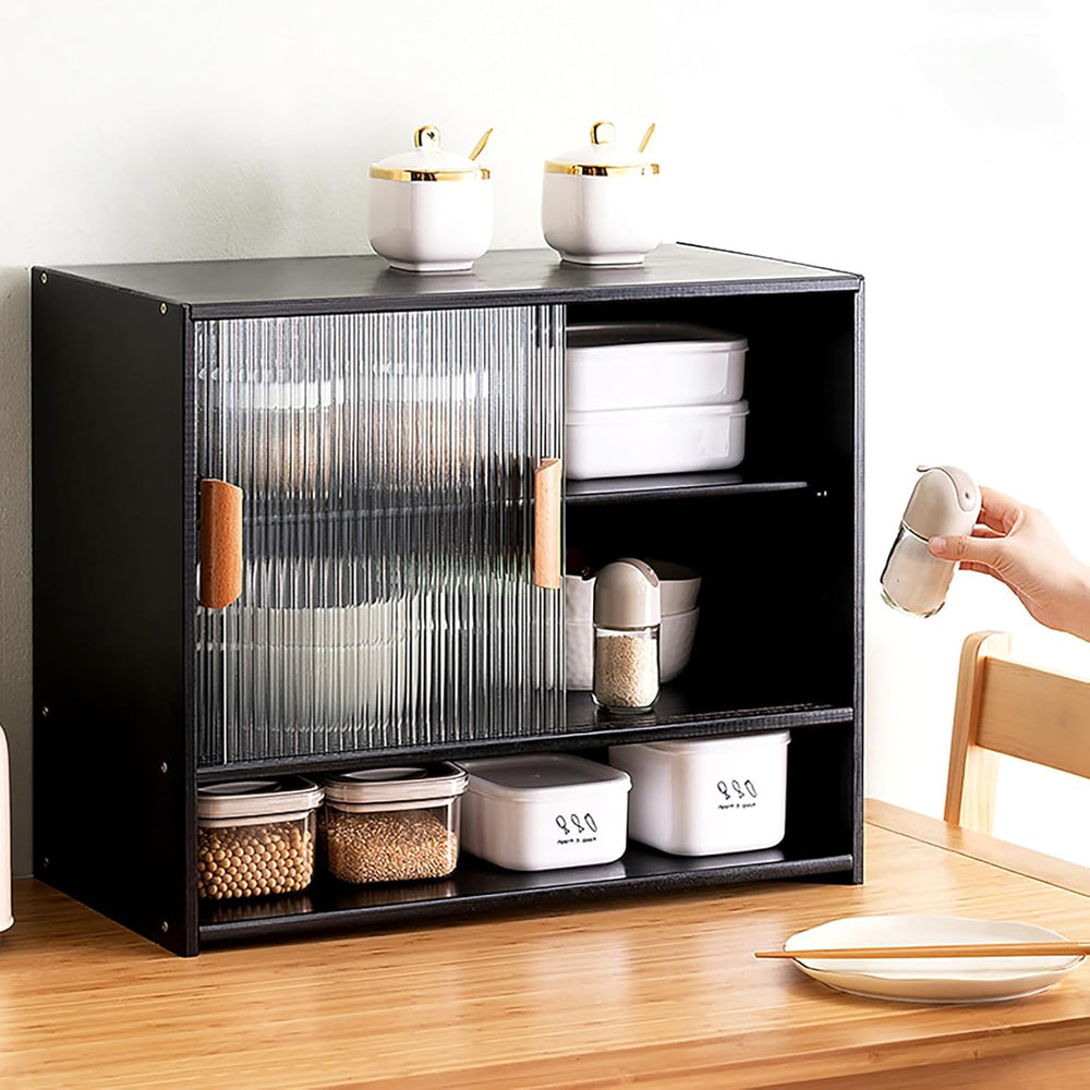 Small Countertop Kitchen Pantry, 3 Tiers Bamboo Pantry Sideboard with 2 Slidi...