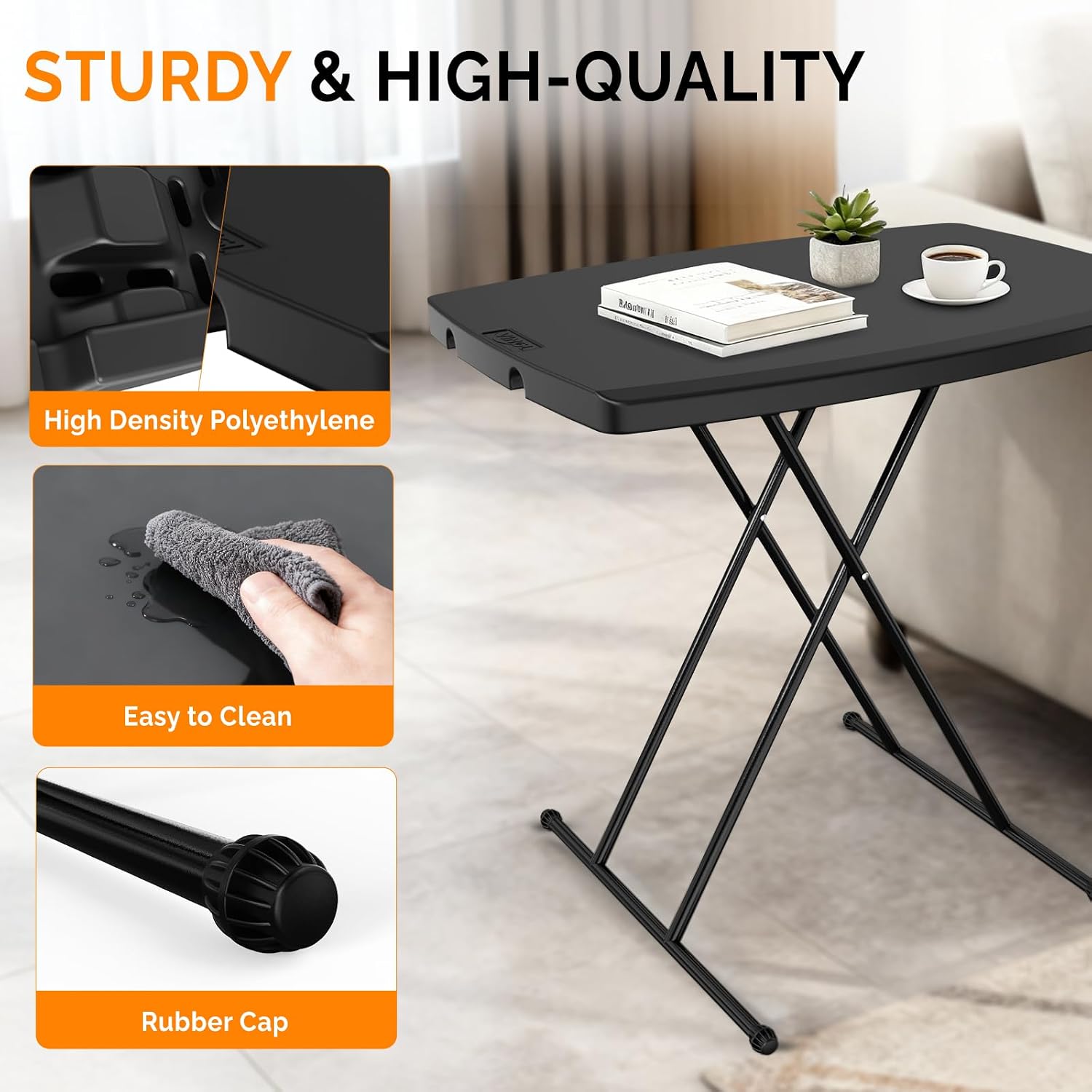 VINGLI 30" Small Folding Table Portable, Laptop TV Tray, Camping Table | 3 Ajustable Height, HDPE Top with Steel Frame,Black- Small Office Spaces, Gaming Station, a Craft Table or Dining