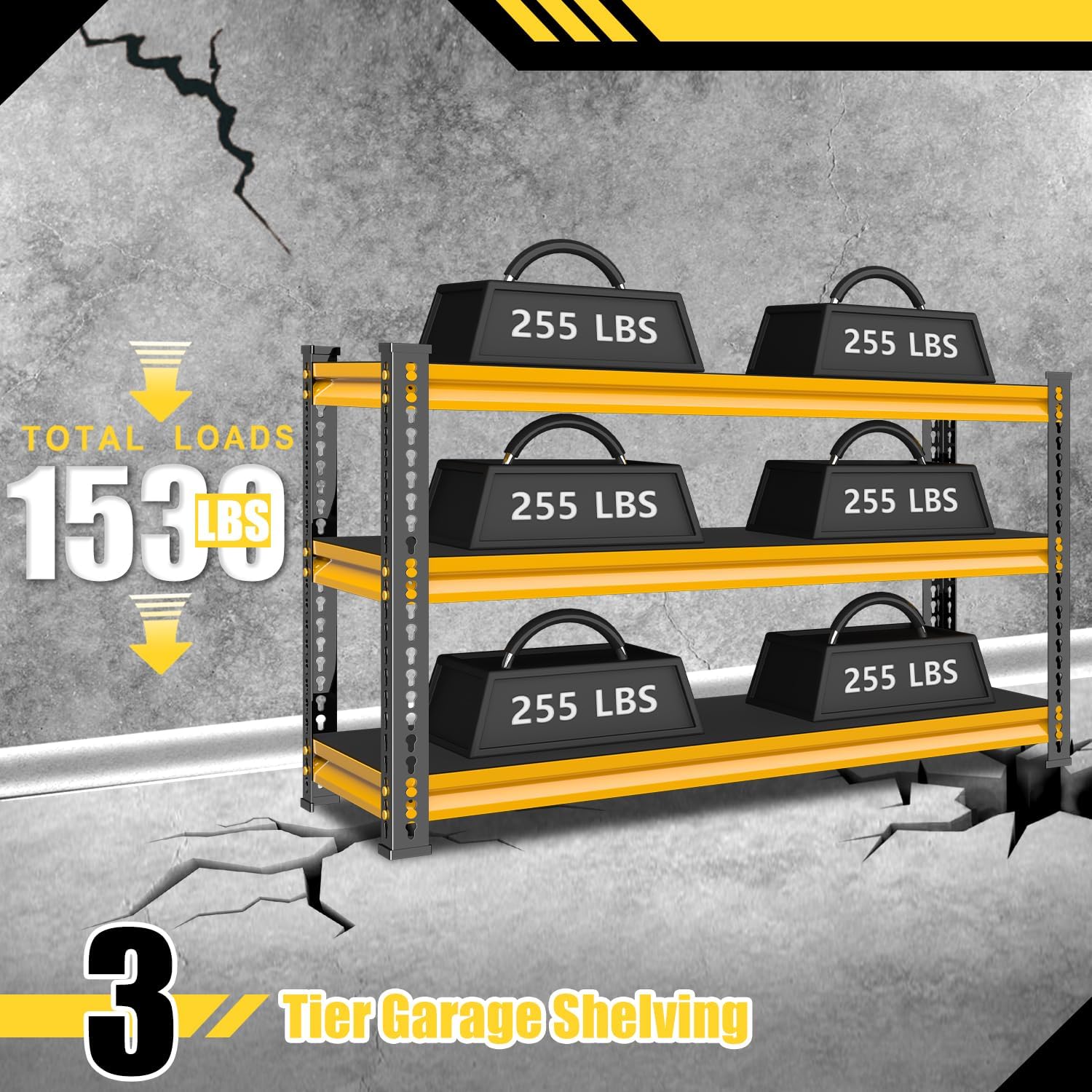 Metal Garage Shelving Heavy Duty, 1530LBS Loads Garage Storage Shelves, 48”W 3-Tier Adjustable Storage Racks and Shelving Units for Garage Basement and Kitchen, 48”W x 18”D x 39”H, Yellow
