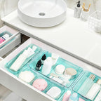 14 Pcs Adjustable Clear Drawer Organizer, Extendable Vanity Storage Bins, Desk Drawer Organizer Set for Makeup, Cosmetics, Bedroom, and Gadgets, Blue