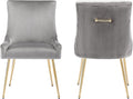 Velvet Dining Chairs Set of 2, Modern Upholstered Kitchen Chair with Pull Handle & Pleated Back, Mid Century Accent Chair with Gold Metal Legs for Vanity,Dining,Kitchen,Living Room, Grey