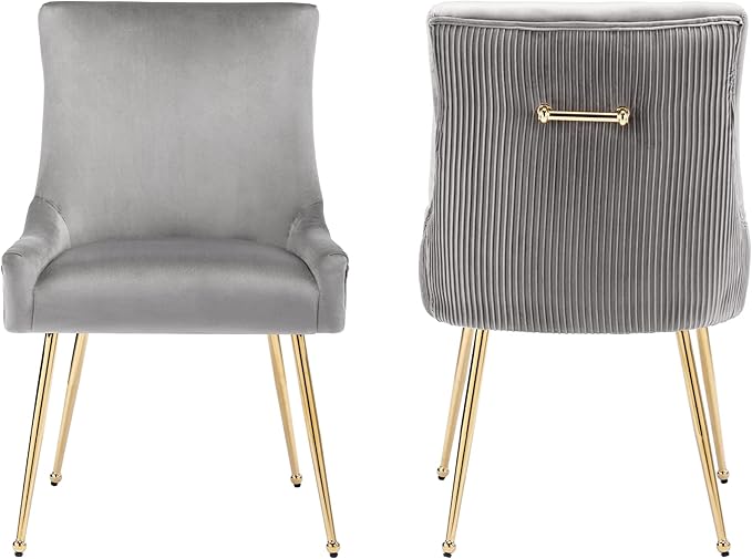 Velvet Dining Chairs Set of 2, Modern Upholstered Kitchen Chair with Pull Handle & Pleated Back, Mid Century Accent Chair with Gold Metal Legs for Vanity,Dining,Kitchen,Living Room, Grey