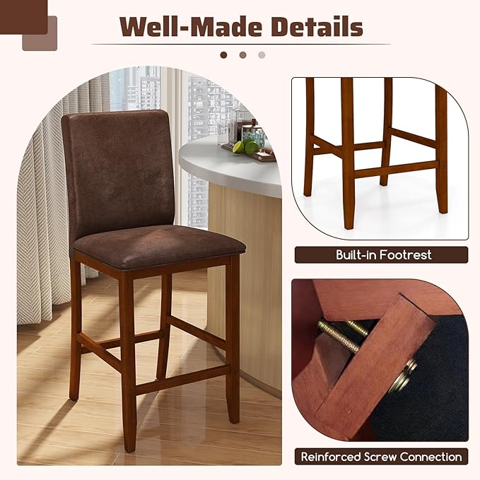 COSTWAY Upholstered Counter Height Bar Stools Set of 2, 26'' Wooden K...