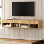 Floating TV Stands Set of 4 with Drawer and Open Shelf, Small Wall Mounted Bedside End Table, Modern Fluted Night Stand for Bedroom, Living Room, Natural Oak