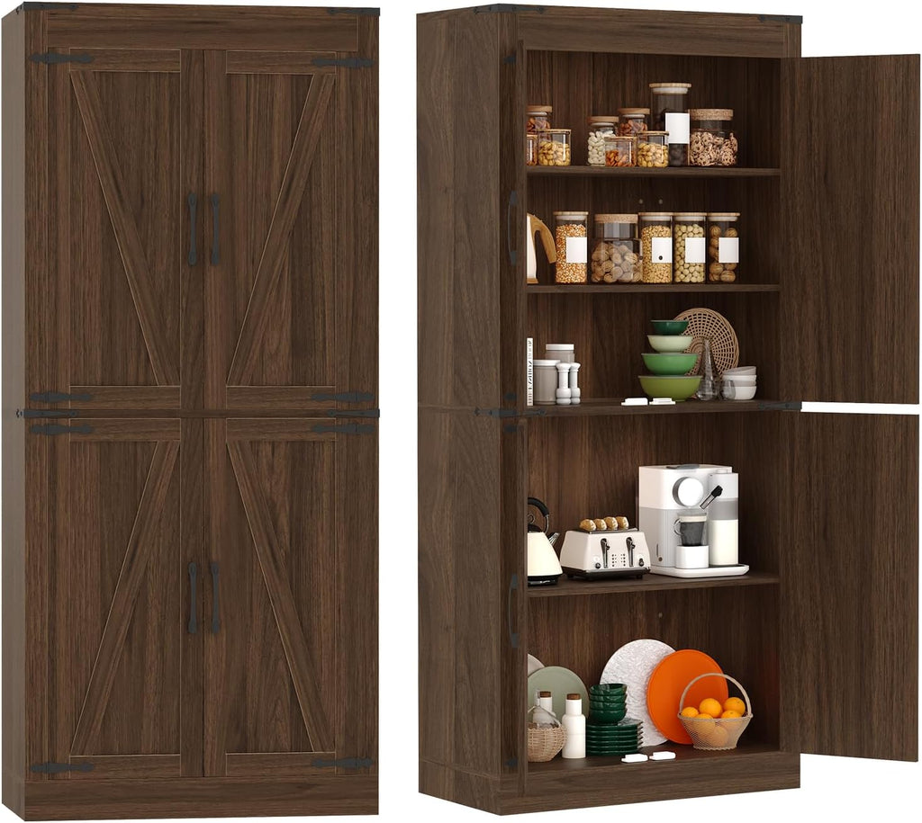 Rustic Brown Kitchen Pantry Cabinet – 71" Tall Freestanding Farmhouse Storage Cabinet with Doors & Adjustable Shelves – Rustic Wood Food Organizer for Kitchen, Living Room, Dining Room & Bathroom