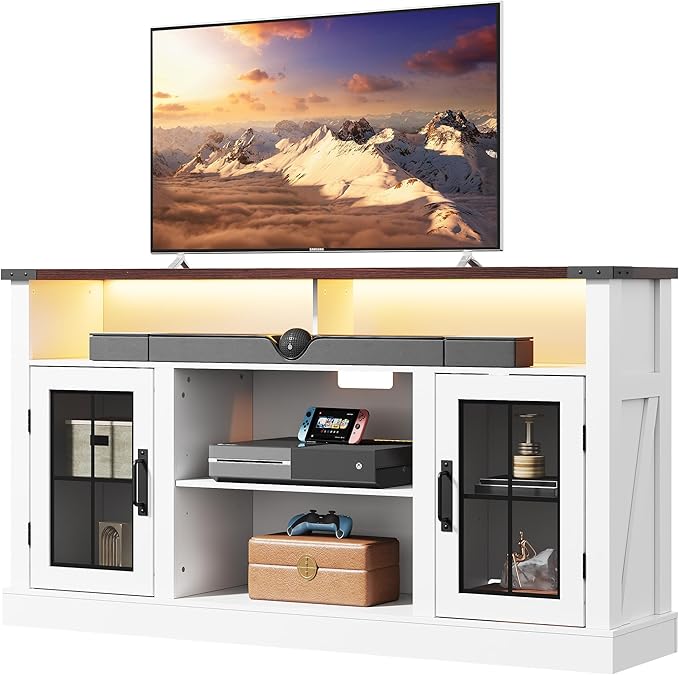 WLIVE Farmhouse TV Stand for 65 Inch TV, Tall Entertainment Center with LED Lights & Storage Cabinets, TV Media Console Table with Adjustable Shelf for Living Room, Bedroom, Home Theater, Milk White