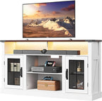 WLIVE Farmhouse TV Stand for 65 Inch TV, Tall Entertainment Center with LED Lights & Storage Cabinets, TV Media Console Table with Adjustable Shelf for Living Room, Bedroom, Home Theater, Milk White