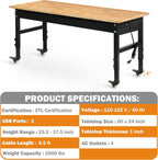 Betterhood 60" Adjustable Workbench on Wheels, Rubber Wood Heavy Duty Workstation with Power Outlets & Pegboard, 2000LBS Load Capacity Hardwood Worktable for Workshop, Garage, Office, Home, Commercial