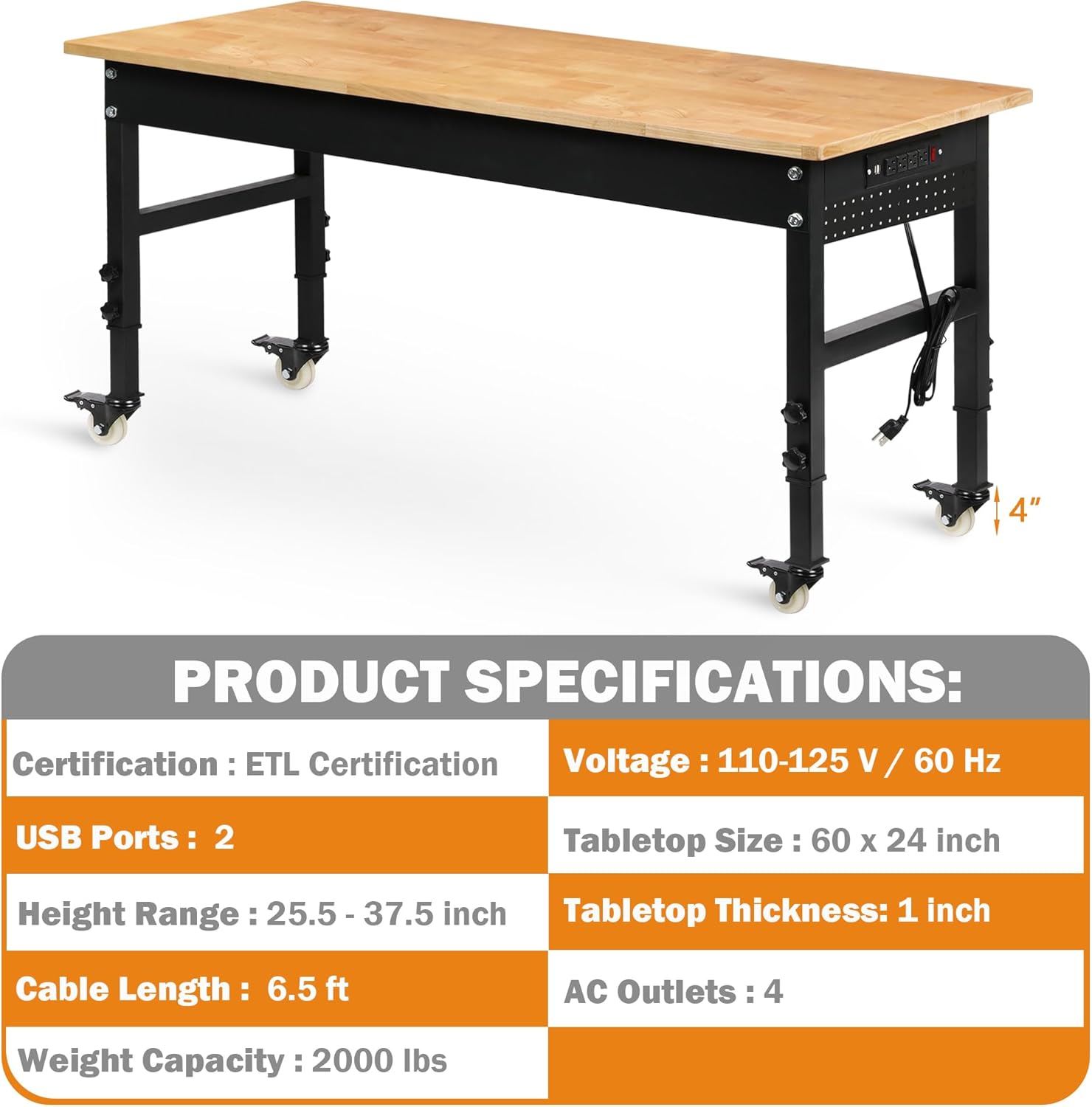 Betterhood 60" Adjustable Workbench on Wheels, Rubber Wood Heavy Duty Workstation with Power Outlets & Pegboard, 2000LBS Load Capacity Hardwood Worktable for Workshop, Garage, Office, Home, Commercial