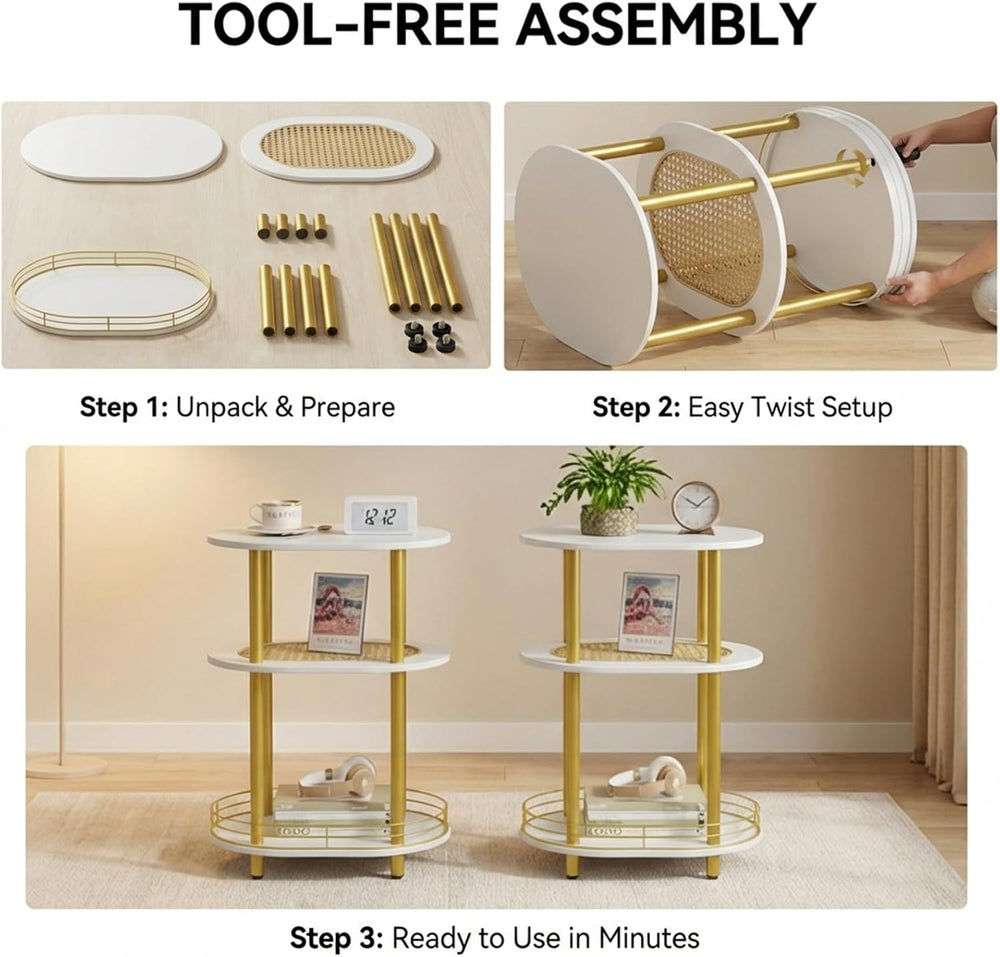 Small Rattan Side/Accent Table with Storage, 3 Tier Round/Oval End Table with...