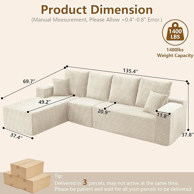 135" Cloud Sectional Couch with L-Shape Chaise, Modern Modular Comfy Sofa with Deep Seat, Upholstered Corduroy Couches Sleeper Chaise Longue for Living Room Bedroom, No Assembly Required, White