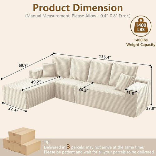 135" Cloud Sectional Couch with L-Shape Chaise, Modern Modular Comfy Sofa with Deep Seat, Upholstered Corduroy Couches Sleeper Chaise Longue for Living Room Bedroom, No Assembly Required, White
