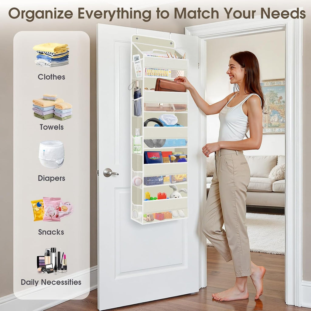2 Pack Over The Door Organizer, Hanging Storage Organizer with Clear Window, 40lb Ultra Sturdy Large Capacity Room Organizer for Pantry Laundry Bathroom Nursery Closet (Beige)
