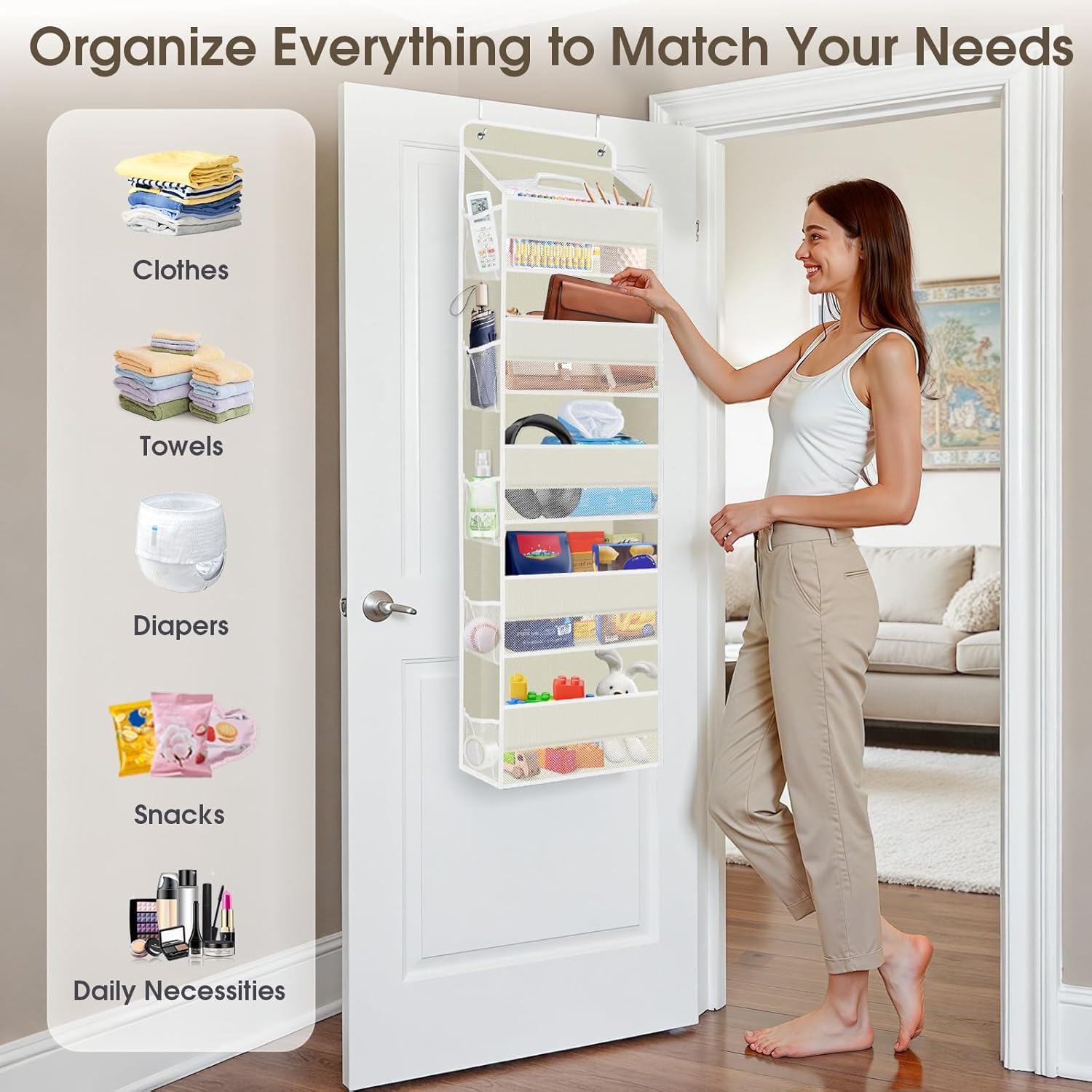 2 Pack Over The Door Organizer, Hanging Storage Organizer with Clear Window, 40lb Ultra Sturdy Large Capacity Room Organizer for Pantry Laundry Bathroom Nursery Closet (Beige)