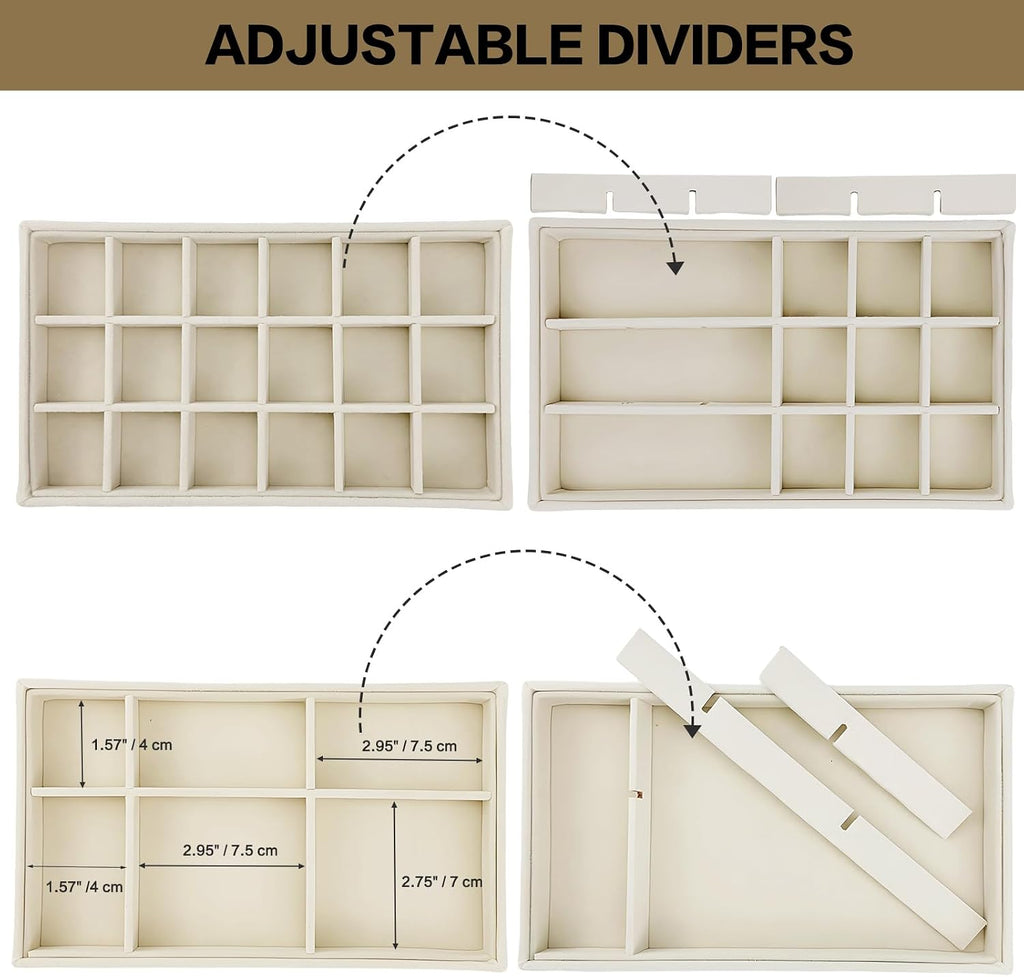 8 Pack Jewelry Organizer for Drawer, Necklace Velvet Storage Display Tray, Stackable Insert Divided Holder for Bracelet Rings Earring Brooch Watch, Beige 4 Styles