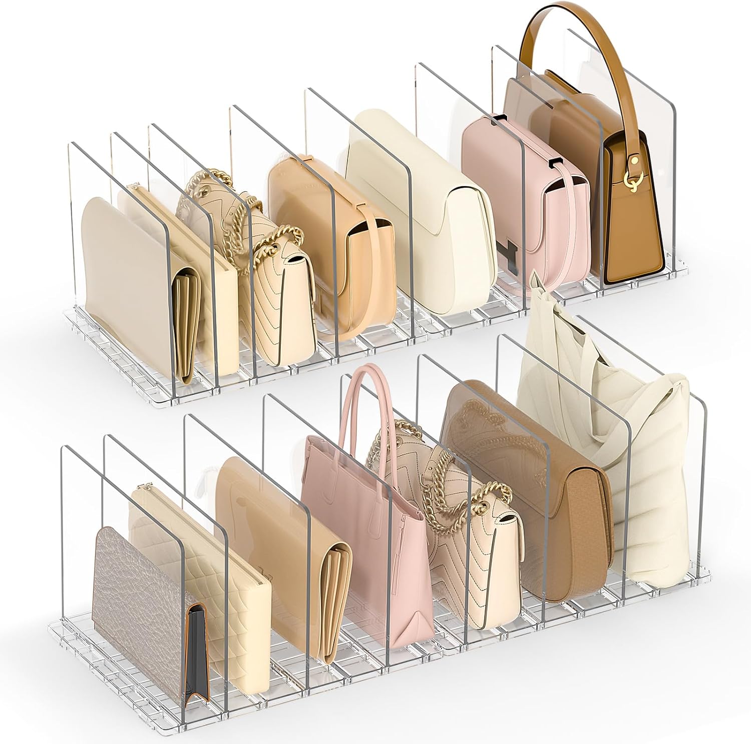 Bag Purse Organizer for Closet: Shelf Dividers Adjustable Acrylic Handbag Storage - Plastic Closet Organizers and Storage for Clutches - Keep Carteras & Pocketbook Upright