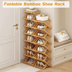 The 9-Tier No-Assembly Bamboo Rack,Foldable Bamboo Shoe Rack,Collapsible Shoe Rack for Entryway Closet Dorm,Installation-Free (Natural,8 Tier)