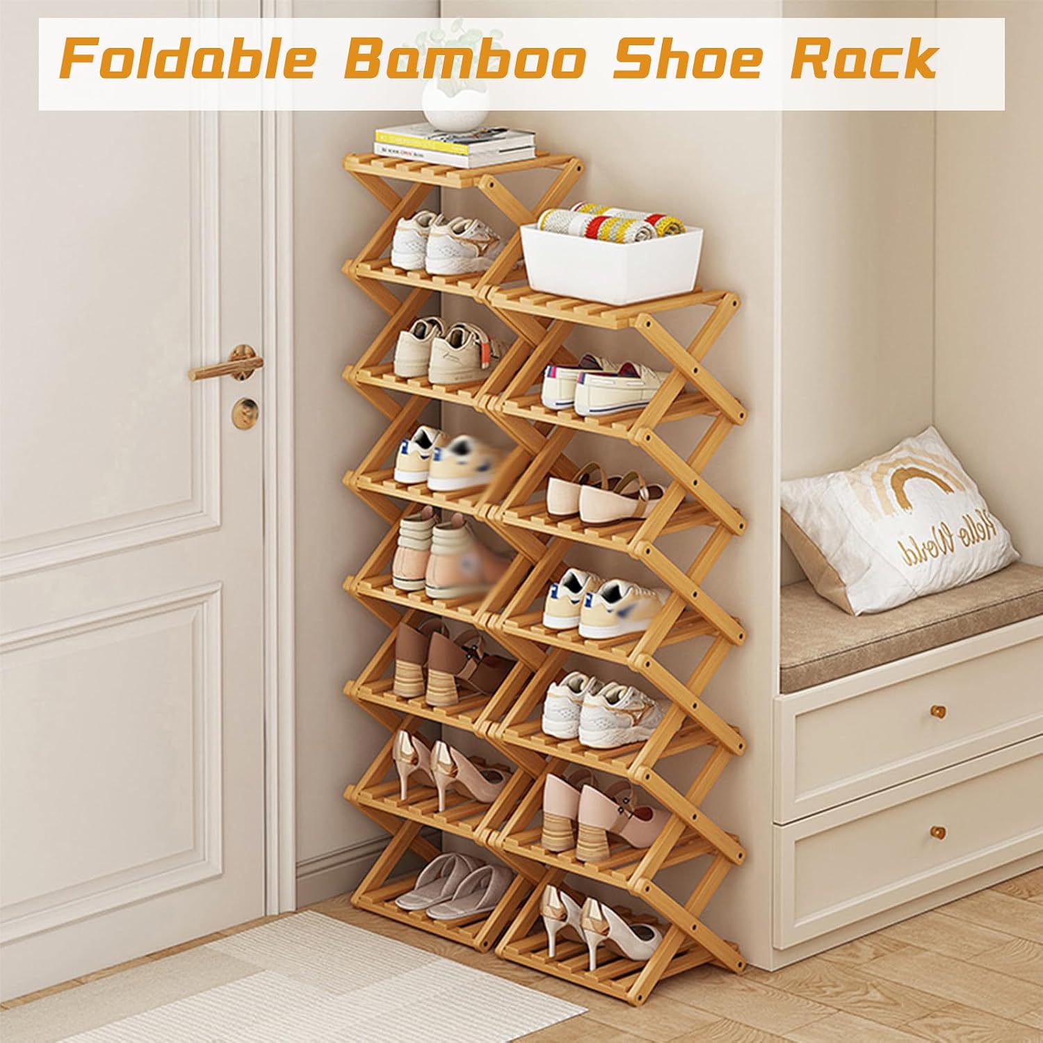 The 9-Tier No-Assembly Bamboo Rack,Foldable Bamboo Shoe Rack,Collapsible Shoe Rack for Entryway Closet Dorm,Installation-Free (Natural,8 Tier)