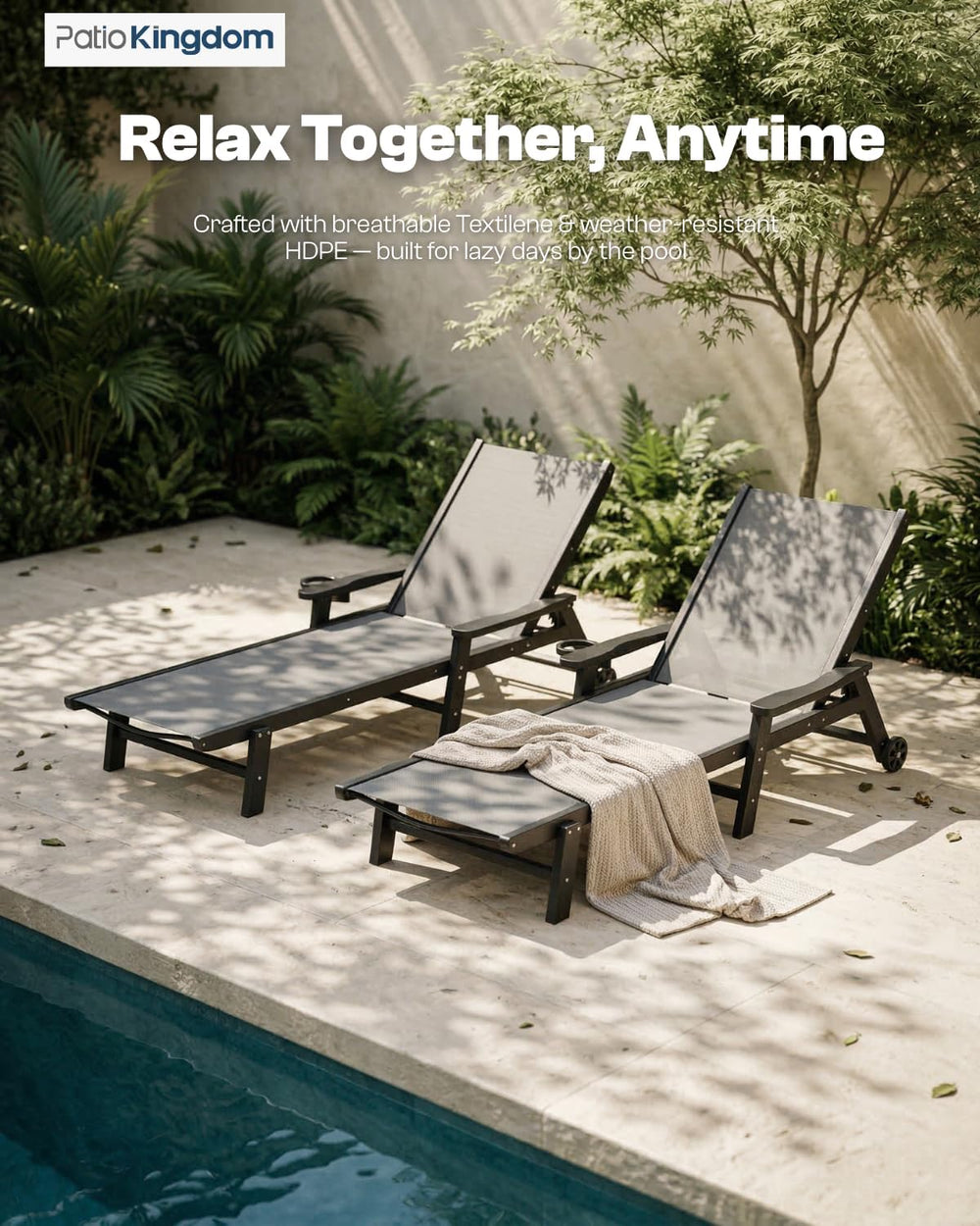 HDPE 5 Positions Chaise Lounge Outdoor Set of 2 with Wheels, Grey Textilene F...