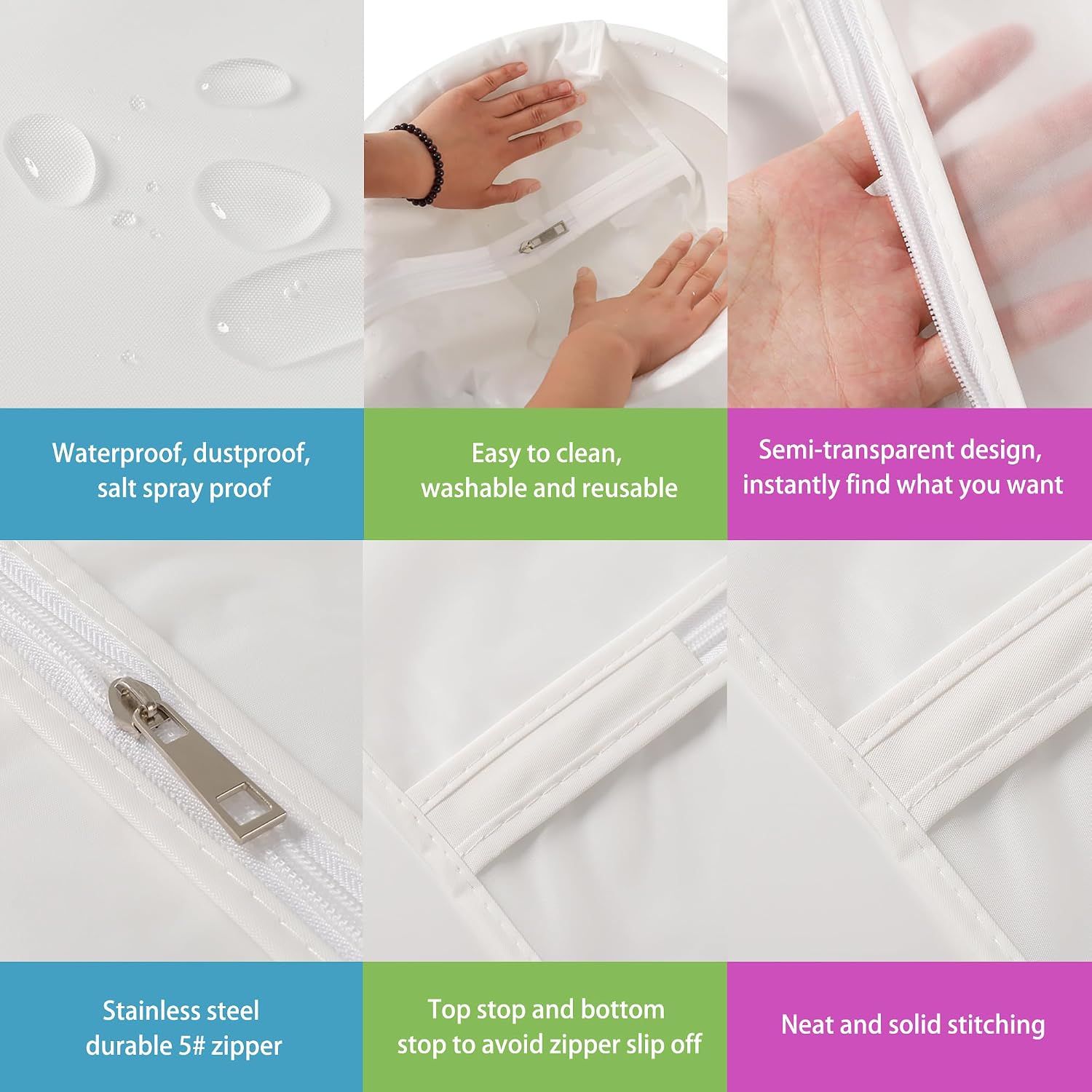 Hanging Garment Bags 7 Piece Set - 60 Inch Translucent Dust Proof Clothes Bag White Breathable Full Zipper Dust Cover for Suit Dance Costumes Gown Dress.