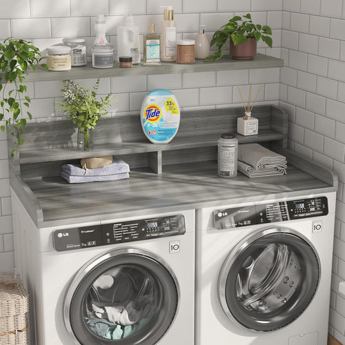 2-Tier Washer Dryer Countertop with 2.75" H Edge Rails, 58" W x 28" D Laundry Countertop for Folding Clothes, Washer and Dryer Topper with Non-Slip Pad (Stripe Gray)