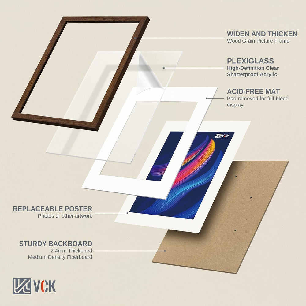 VCK 16x24 Frame 3 Pack, Brown Wood, 12x18 Mat, for Picture Print