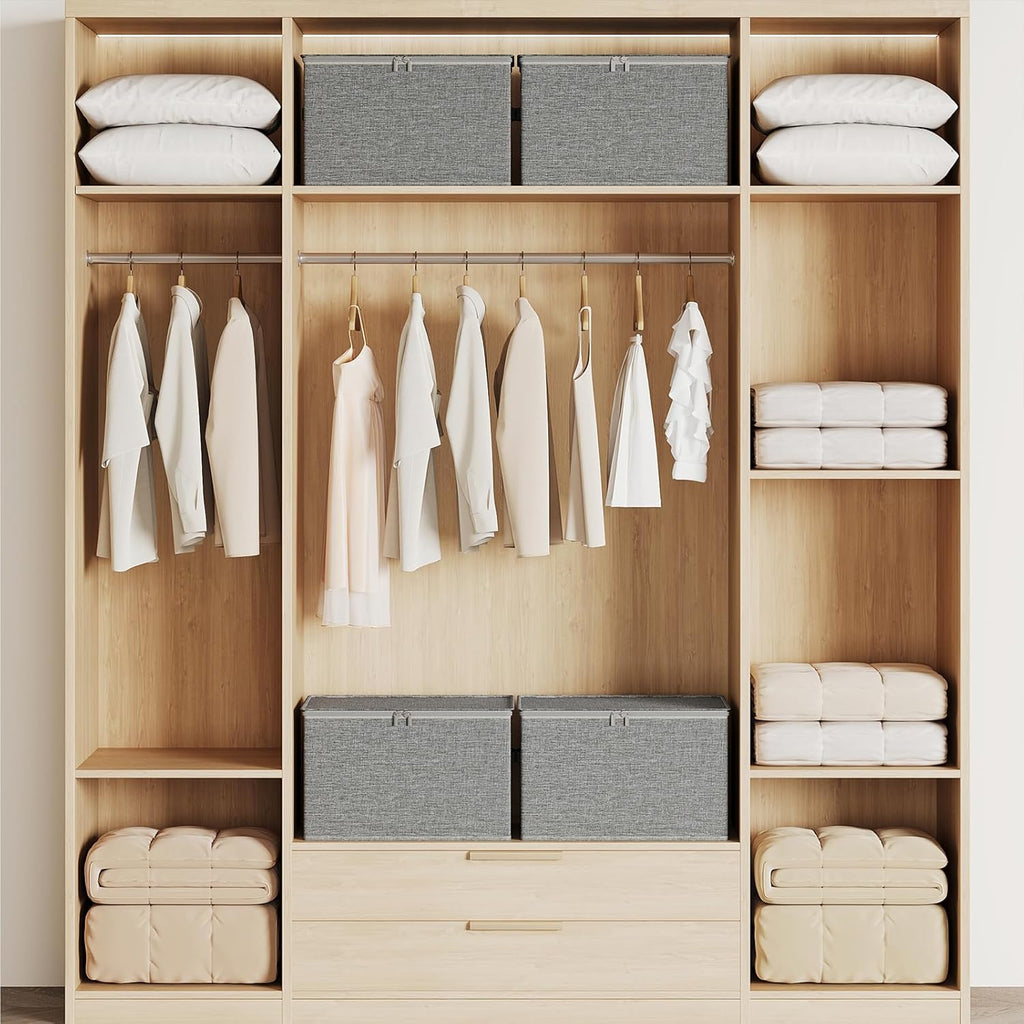 Clothes Storage Bins with Sturdy Frames, Foldable Fabric Clothing Organizer Box for Moving, Sweater Storage Cube with Lids and Zipper, Linen Closet Storage Bags for Blankets, Clothes, Sheet
