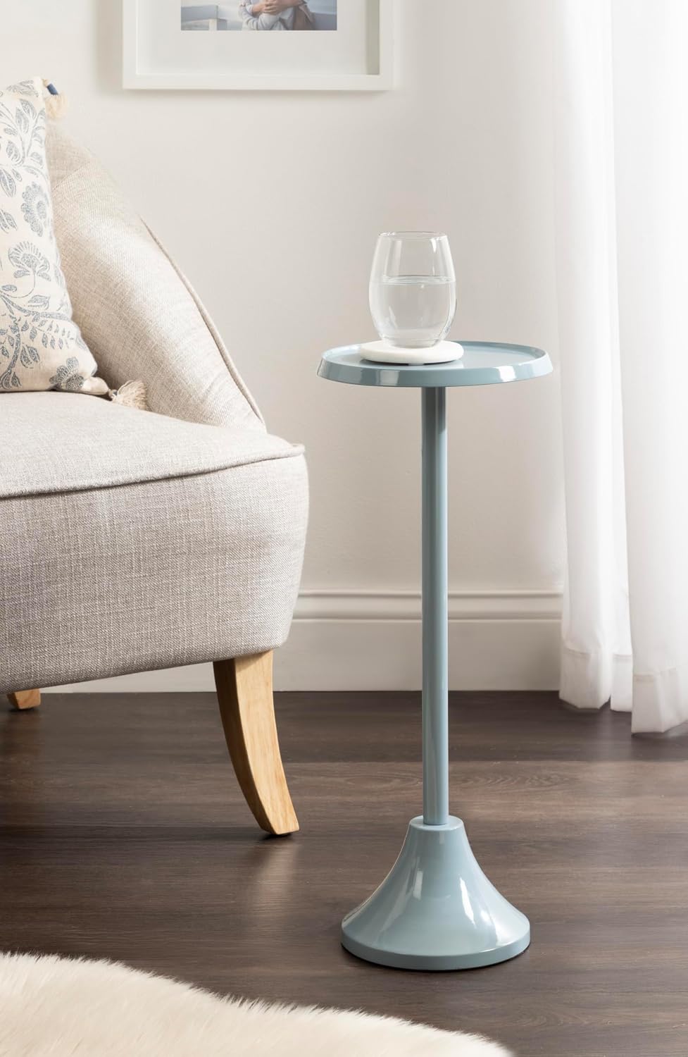 Kate and Laurel Sanzo Modern Round Metal Pedestal Drink Table, 9 x 9 x 23, Light Blue, Decorative Martini Table with Trumpet Base for Use as Indoor Plant Stand or Living Room Mini Table