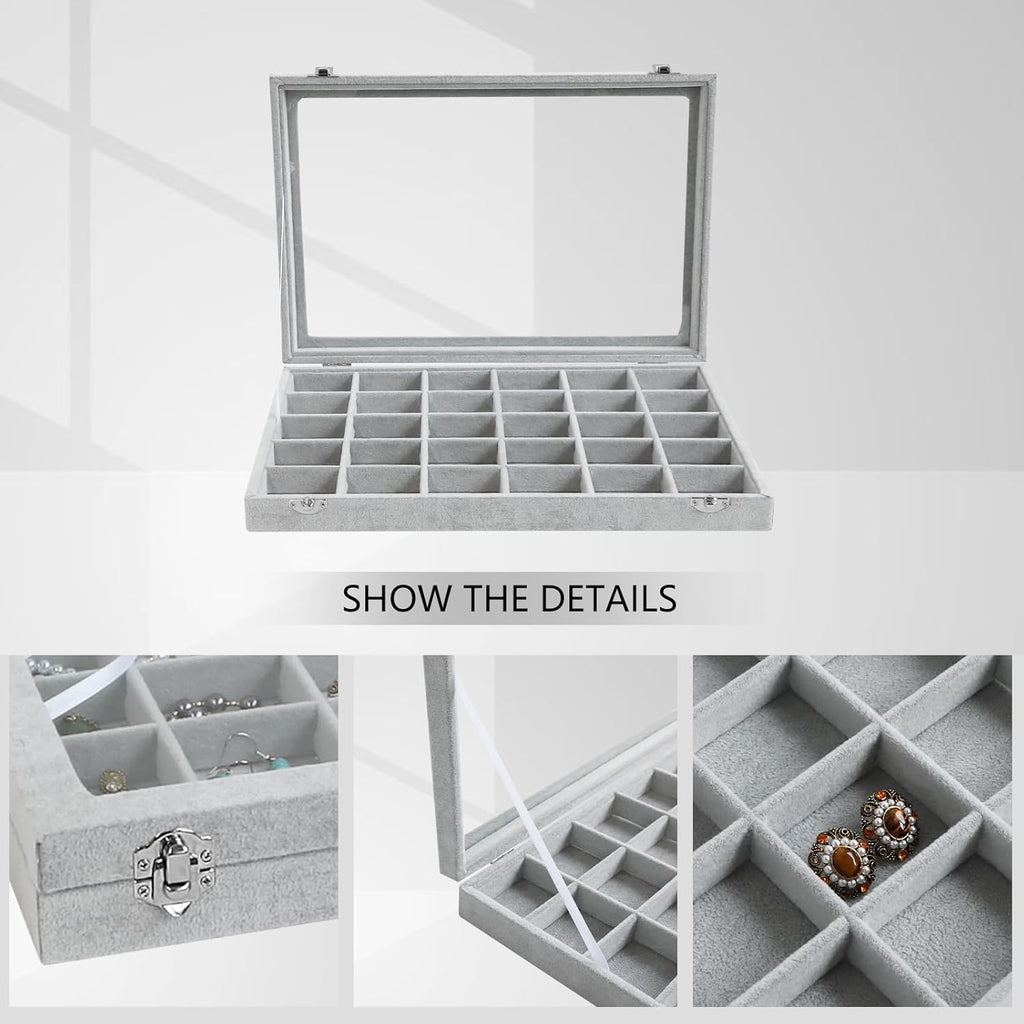 Wudygirl 30 Grid Jewelry Organizer Velvet Jewelry Box Jewelry Tray with Clear Lid Storage Case Showcase Display Stackable Removable (30 Grid)