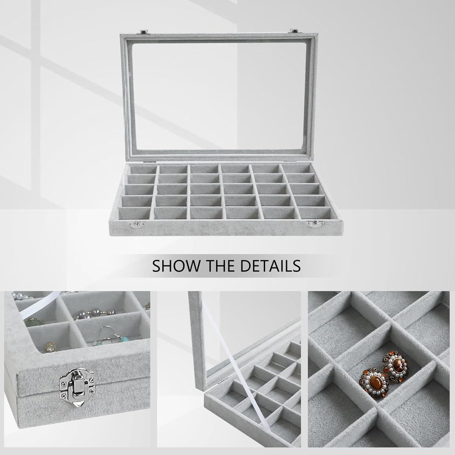 Wudygirl 30 Grid Jewelry Organizer Velvet Jewelry Box Jewelry Tray with Clear Lid Storage Case Showcase Display Stackable Removable (30 Grid)
