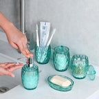 Shatterproof Acrylic Teal Blue Bathroom Accessories Set – Glass-Free, 5-Piece Vanity Set with Lotion Soap Dispenser, Toothbrush/Makeup Brush Holder, 2 Dust-Proof Cotton Jars, and Soap Dish