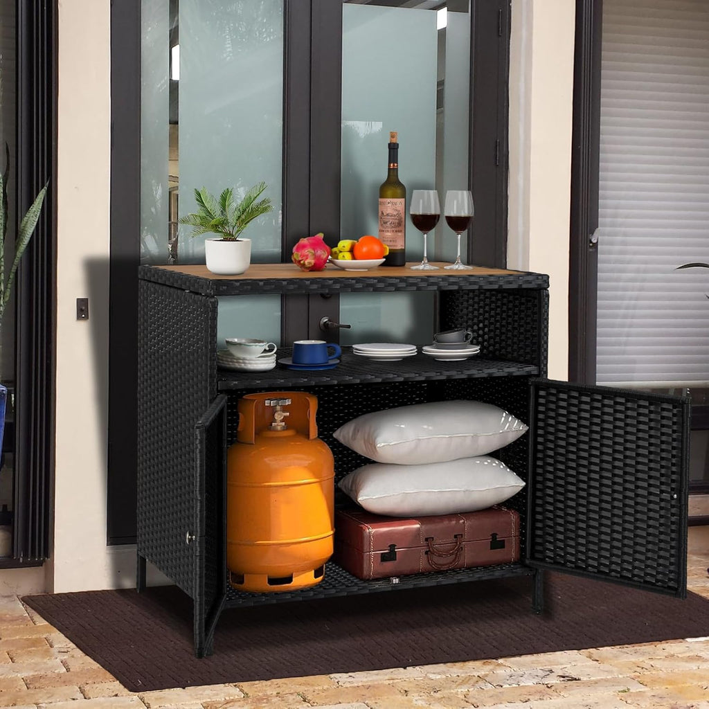 Garvee Patio Outdoor Wicker Storage Cabinet with Shelf, Powder Coated Steel, Patio Bar Table with 2-Door and Shelf, All Weather Resin Wicker, Patio Pool Garden Kitchen, Brown Table