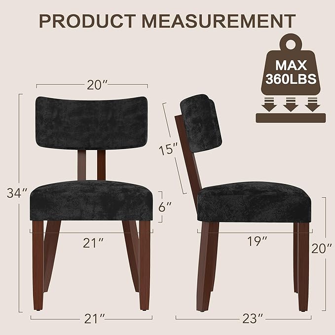 GOTMINSI Mid Century Modern Dining Chairs,Velvet Farmhouse Upholstered Kitchen Chairs, Accent Curved Backrest Dining Room Chairs with Hardwood Legs (Black, 2PCS-Walnut Legs)