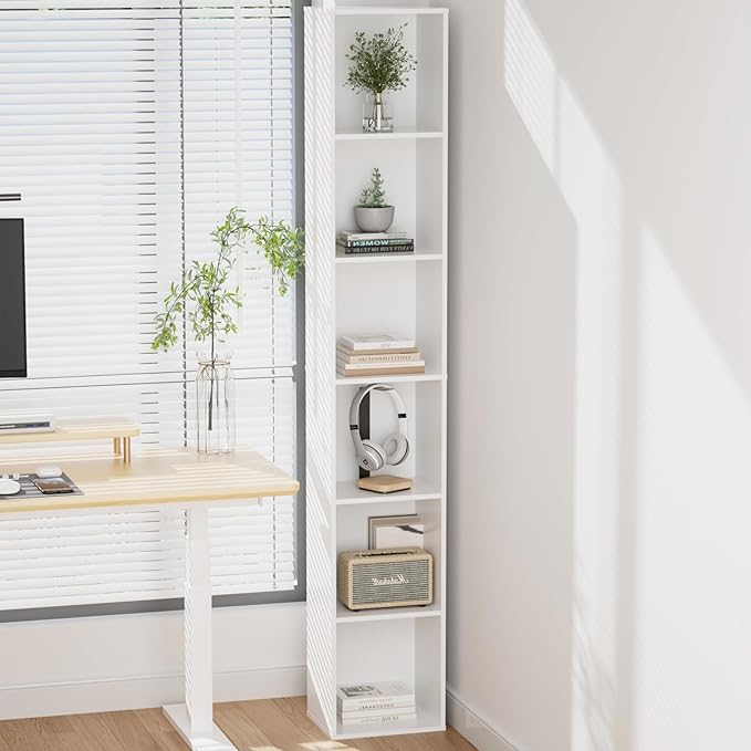 Tall Narrow Bookshelf 6-Tier Bookcase,70.5" Skinny Thin Corner Shelf Slim Storage Cabinet,Wood DVD CD Media Cube Organizer Tower Rack for Small Spaces, Bedroom, Living Room, Office,White
