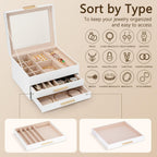 Jewelry Box for Women, 3-Layer Jewelry Box, Jewelry Organizer with Clear Glass Lid and Drawers, Jewelry Organizers and Storage for Necklaces, Rings, Earrings, Bracelets(White)