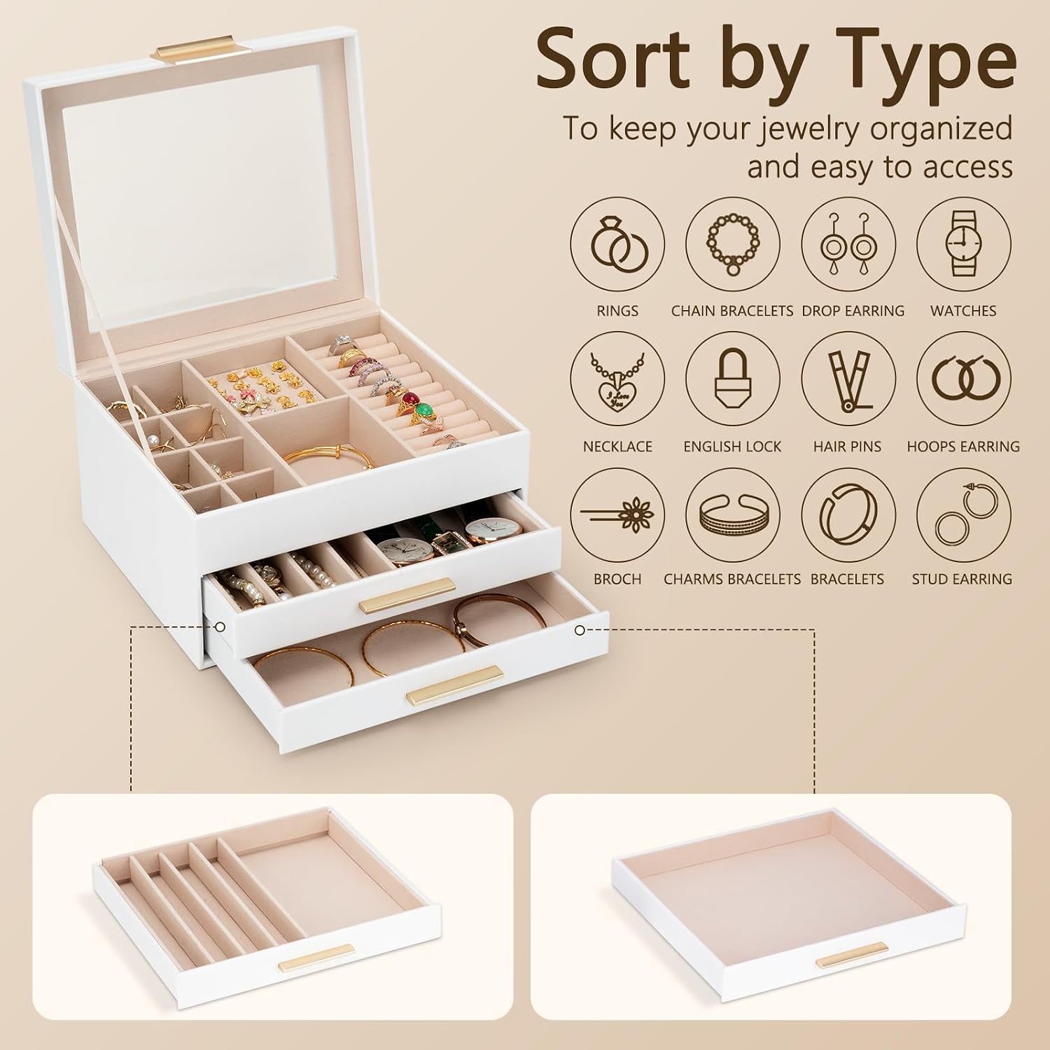 Jewelry Box for Women, 3-Layer Jewelry Box, Jewelry Organizer with Clear Glass Lid and Drawers, Jewelry Organizers and Storage for Necklaces, Rings, Earrings, Bracelets(White)