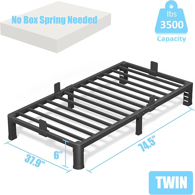 FUIOBYVV 6 Inch Twin Bed Frame with Rounded Corner and Headboard Hole Mattress Retainers 3500 LBS Metal Heavy Duty Steel Slats Support No Box Spring Needed Platform Noise Free Easy Assembly