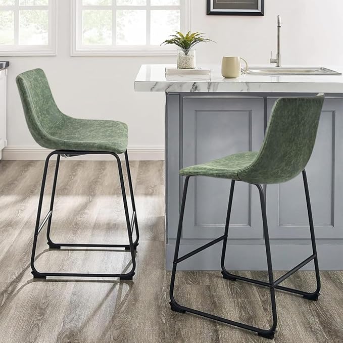LEMBERI 26 inch Bar Stools Set of 2, Modern Counter Height Bar Stools, Faux Leather Barstool with Back and Metal Leg, Armless Bar Chairs for Kitchen Island (Green, 2pcs 26")