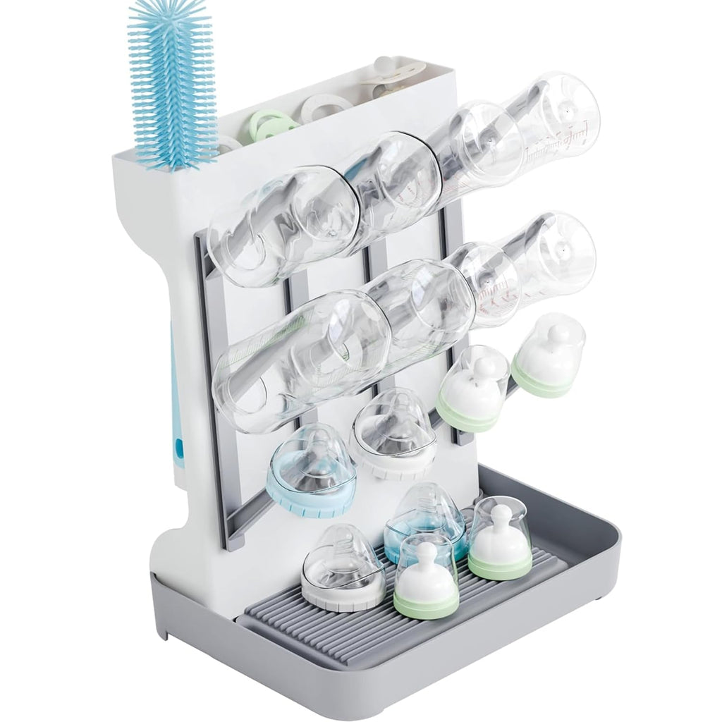 SuoXing Vertical Baby Bottle Drying Rack,Space Saving Countertop Baby Drying Rack for Bottles,Large Baby Bottle Station Stand,Bottle Rack Dryer for Brushes,Pacifiers,Baby Accessories Organizer,Grey