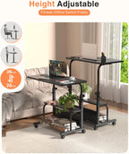 Portable Rolling Desk on Wheels Adjustable Height Desks for Small Spaces, 32" Computer Desk with Storage Shelves for Home Office Black