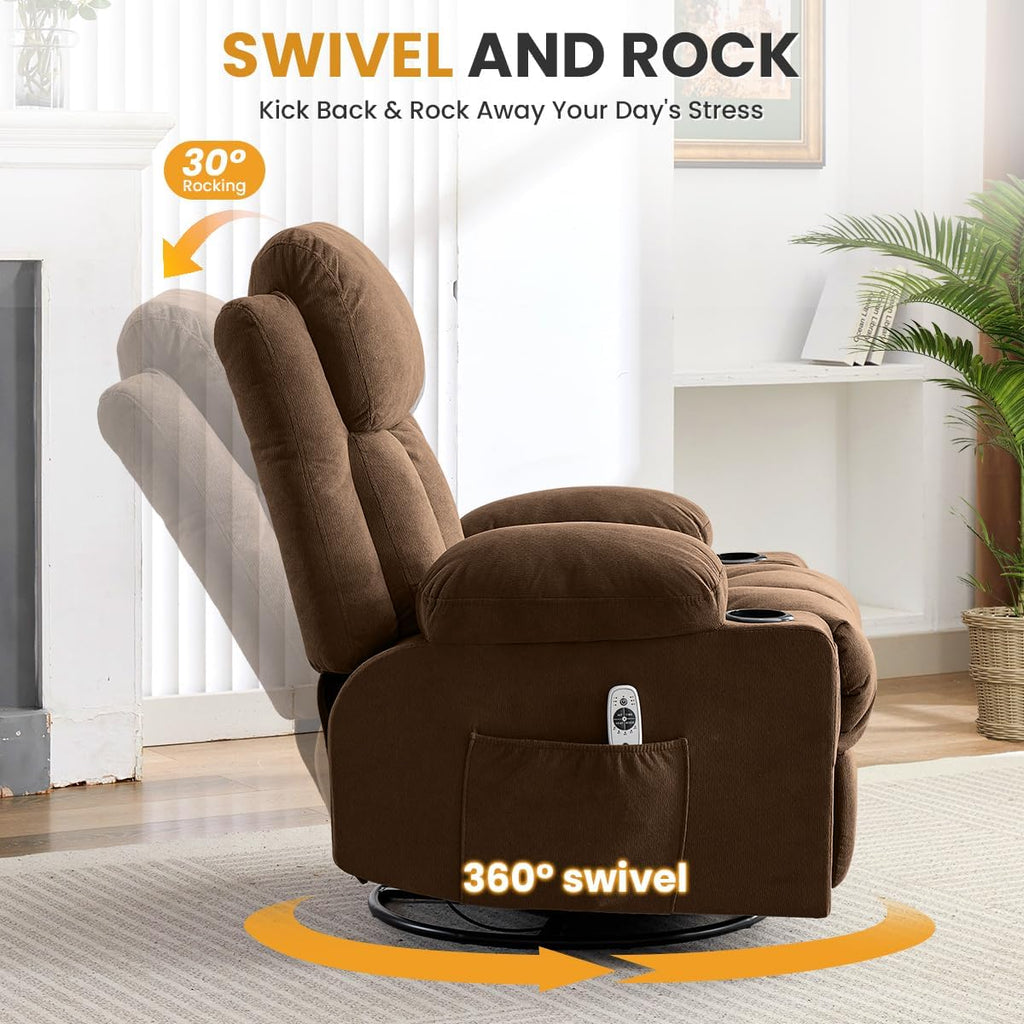 Swivel Rocker Recliner Chair with Vibration Massage & Lumbar Heating, Ergonomic Lounge Chair for Living Room, Rocking Function, Side Pocket, 2 Cup Holders, USB Charging Port