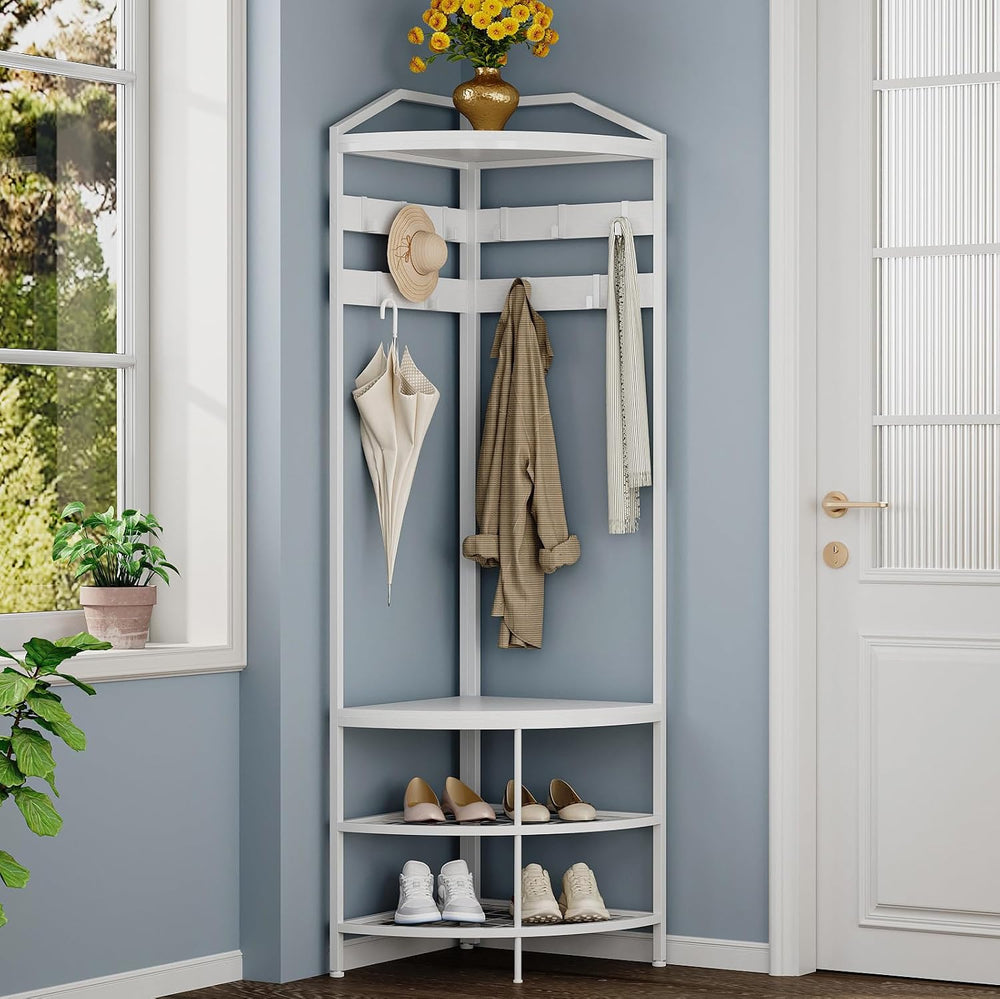 GiftGo Corner Hall Tree with Shoe Bench Entryway Coat Rack with 10 Metal Mova...