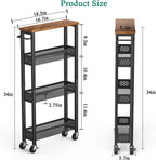 XYZLVSI Slim Storage Cart 4 Tier Narrow Kitchen Rolling Cart on Wheels for Small Space, Mobile Utility Cart Shelving Unit with Wooden Top and Metal Handle for Kitchen, Bathroom, Laundry Room