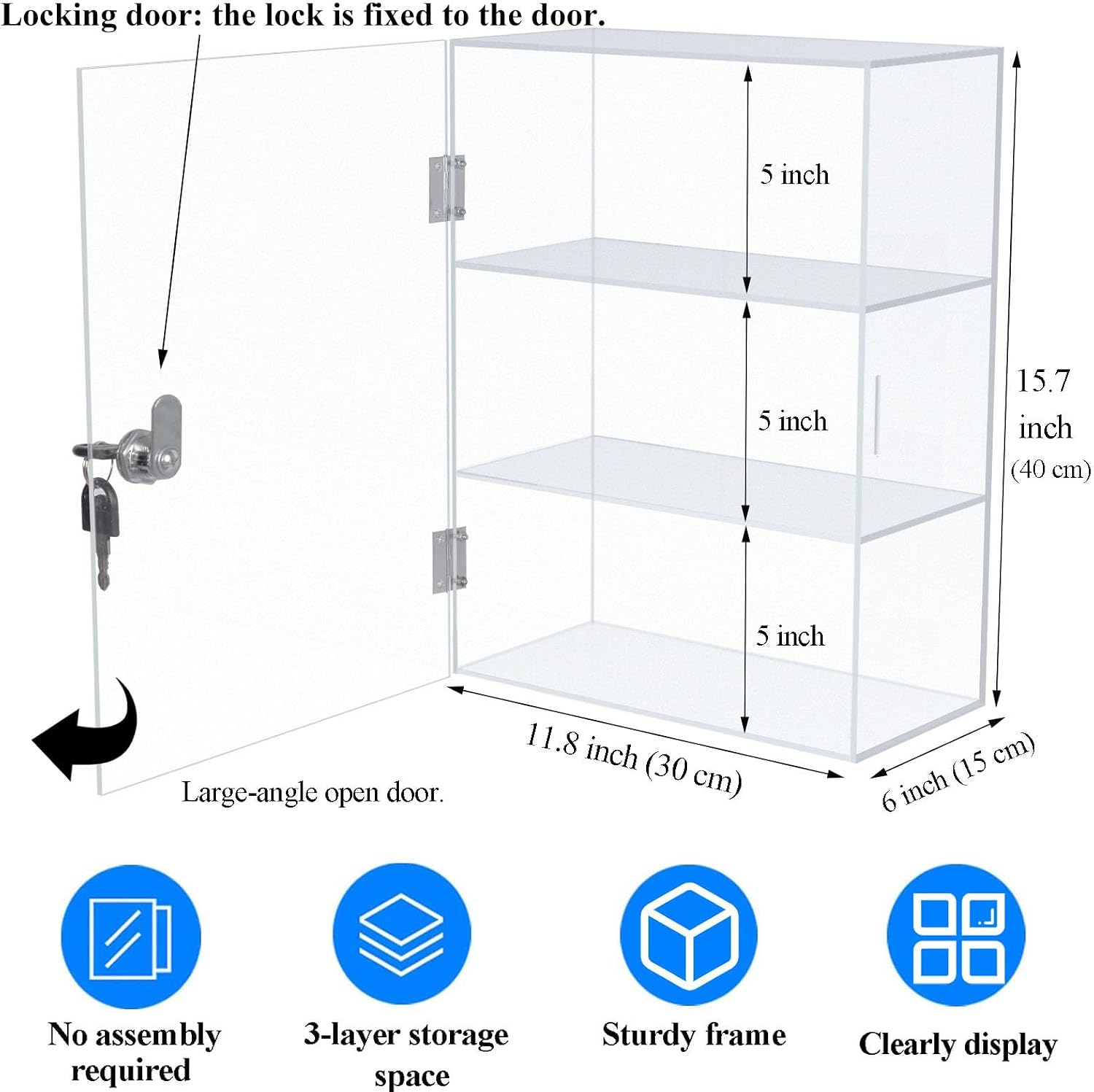 DuvinDD Acrylic Display Case with Lock, Collectibles Showcase Clear | Countertop Locking Display Cabinet with Shelves and Door, Acrylic Storage Safe Organizer for Home Office, 11.8x5.9x15.7inch