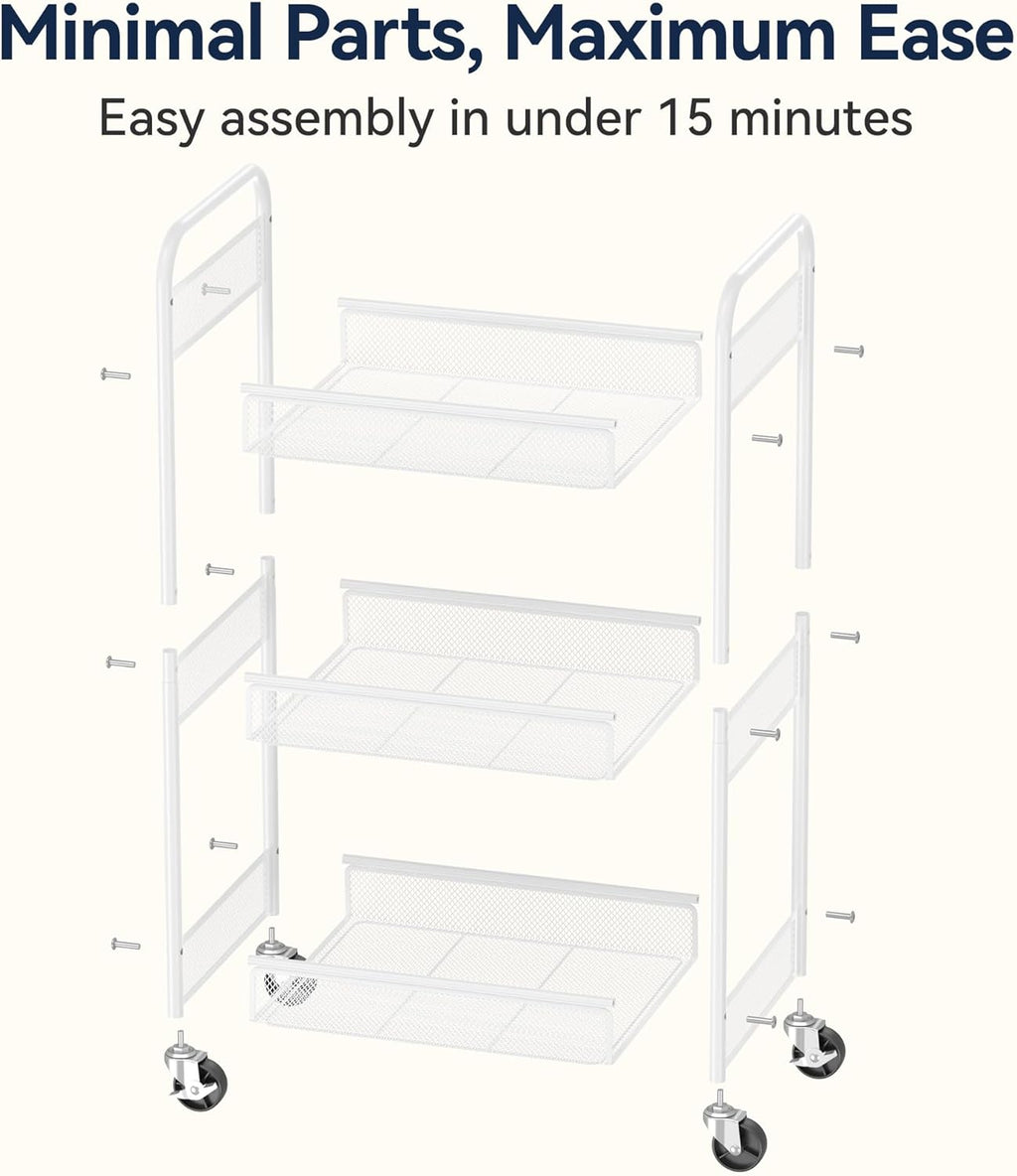 YASONIC 3 Tier Rolling Cart – Metal Utility Storage Carts with Wheels, Craft Carts Organizer with Hanging Cups, Hooks, Mesh Basket for Bedside Kitchen Office Art, White
