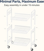 YASONIC 3 Tier Rolling Cart – Metal Utility Storage Carts with Wheels, Craft Carts Organizer with Hanging Cups, Hooks, Mesh Basket for Bedside Kitchen Office Art, White