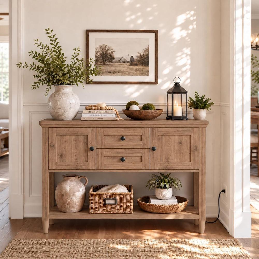 Unikito Farmhouse Console Table, Entryway Table with Drawers & Cabinets