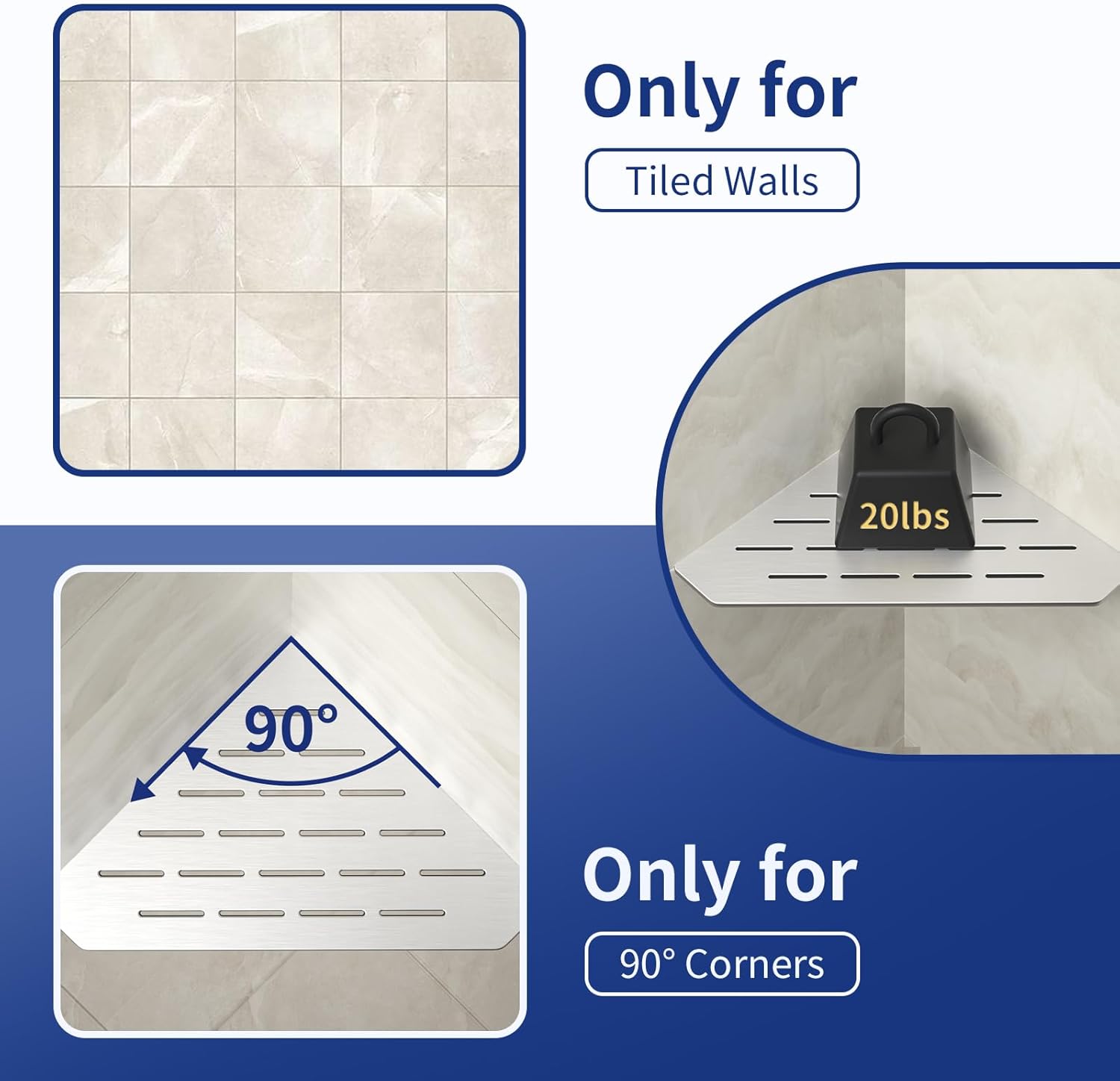 Corner Shower Shelf 10" Brushed 304 Stainless Steel Pentagonal Heavy Duty Floating Corner Shelf Slot Design Recessed Bathroom Shelf for Tiled Wall, No Drilling Needed