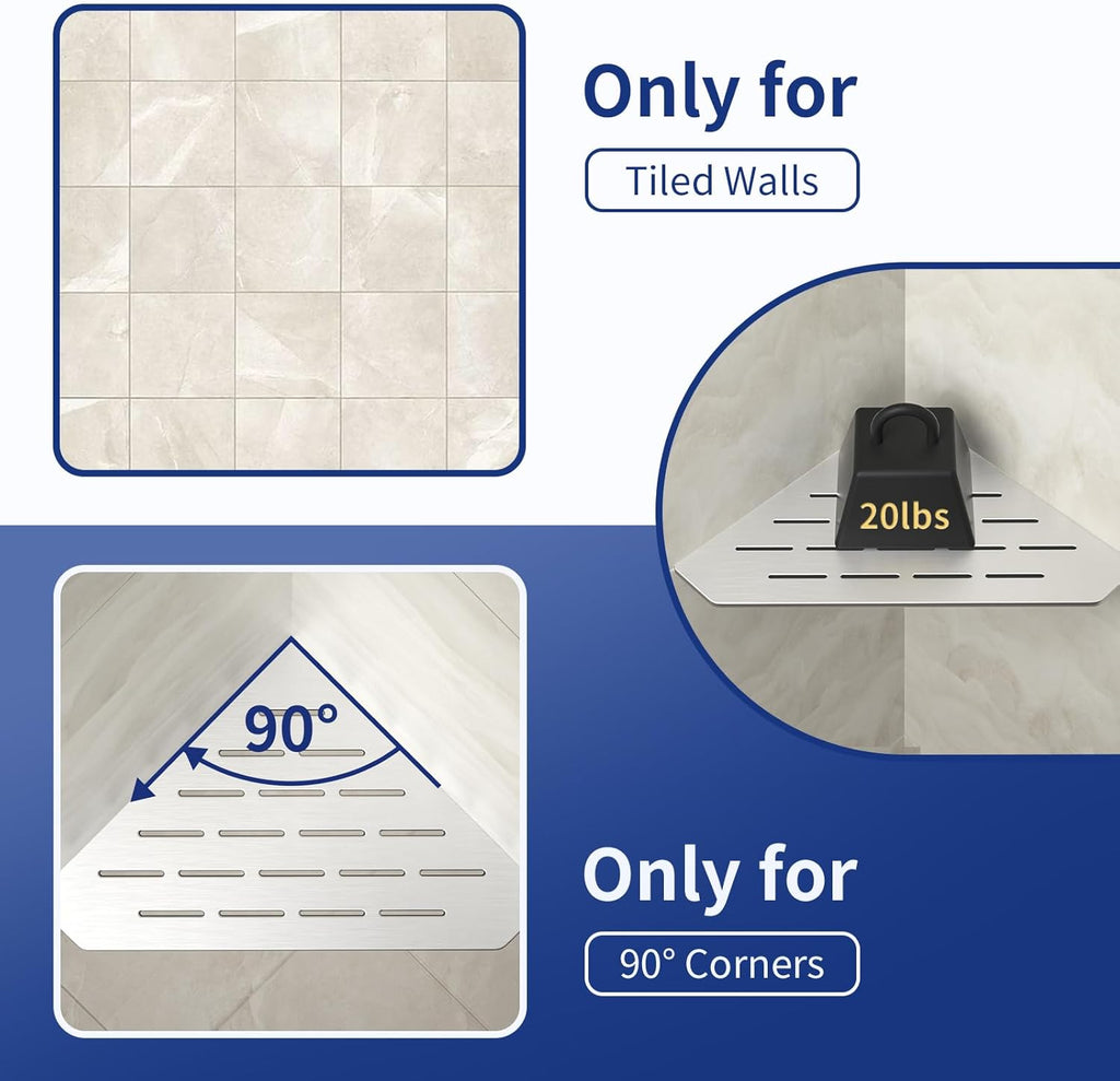 Corner Shower Shelf 10" Brushed 304 Stainless Steel Pentagonal Heavy Duty Floating Corner Sheves Slot Design Recessed Bathroom Shelf for Tiled Wall 2 Pack, No Drilling Needed