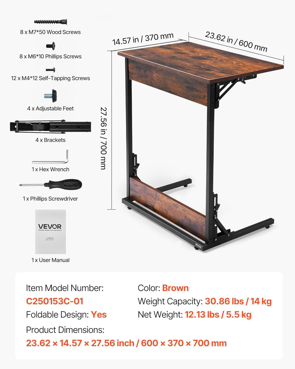 VEVOR C Table, Folding C Shaped End Table with Metal Frame & Adjustable F...